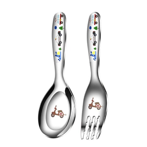 2Pcs Stainless Steel Cartoon Carving Tableware Cute Spoon Fork Set