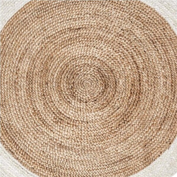 Bohemian Cream & Natural Braided Jute Cotton Round Rug with Tassel