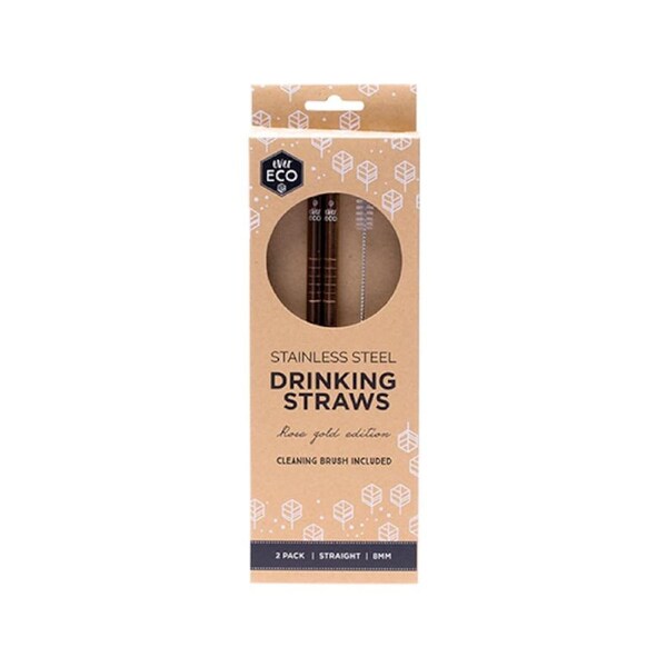 Ever Eco Stainless Steel Straws with Cleaning Brush Rose Gold Straight 2 Pack