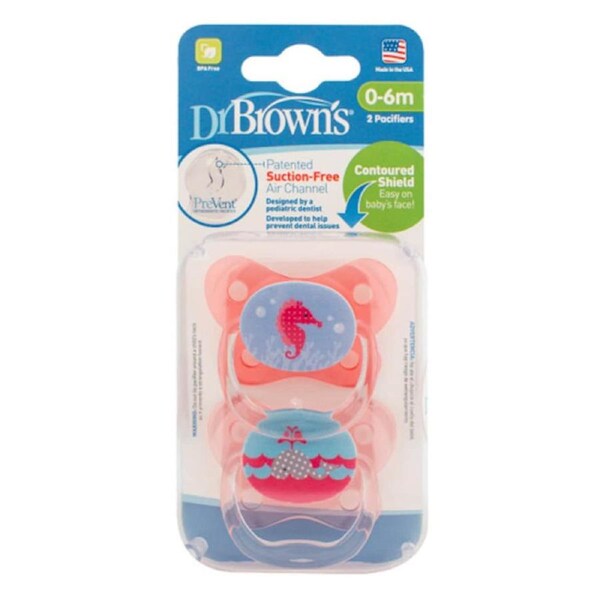 Dr Brown's PreVent Contoured Baby Pacifier 0-6 Months Pink 2 Pack