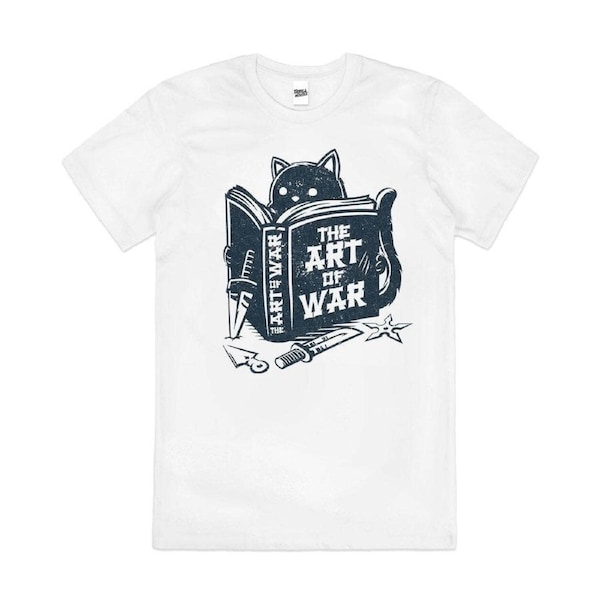 The Art of War Funny Cat Learning Parody Cotton T-Shirt Unisex Tee White S