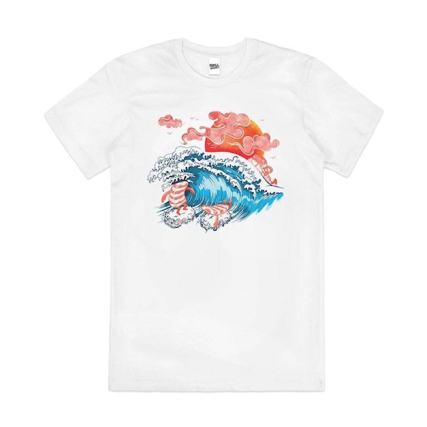 Sushi Surf Salmon Cute Artsy Great Wave Cotton T-Shirt Unisex Tee White XL
