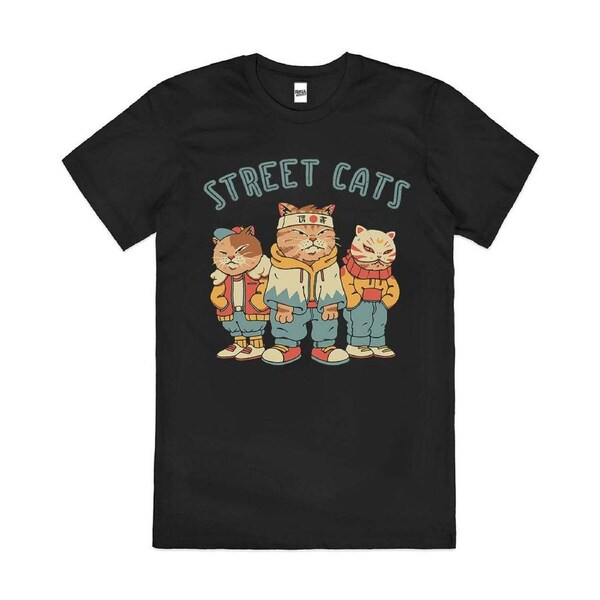 Street Cats Japanese Funny Gang Animal Cotton T-Shirt Unisex Tee Black S