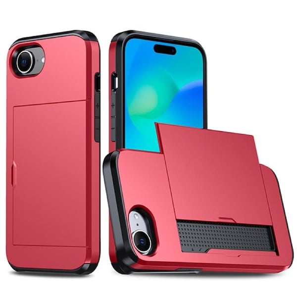 ZUSLAB for Apple iPhone 16e Case, Slide Armor Card Holder Protective Shockproof Hard Back Cover (2025) - Red