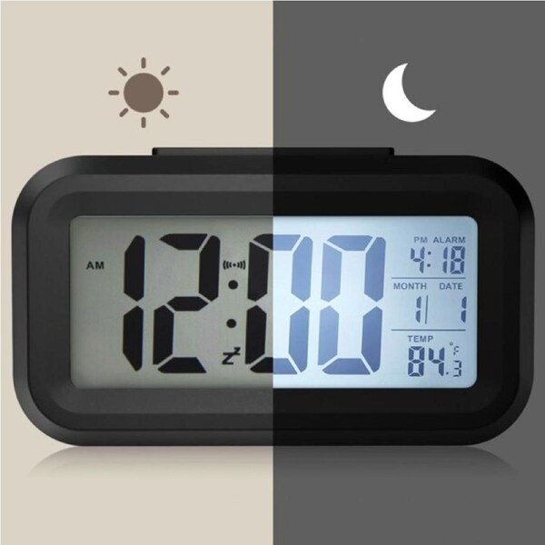 Digital Clock LCD Alarm Clock Backlight Time Light Sensor - Black
