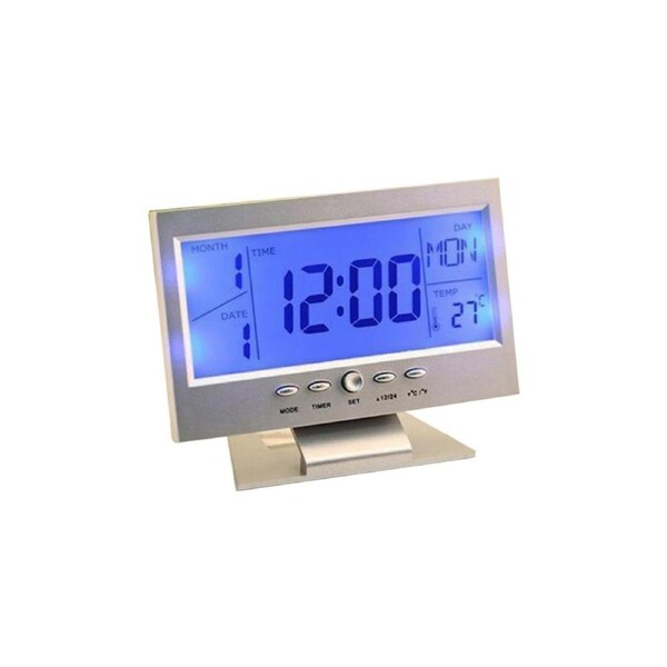 Voice Control Timer Calendar LCD Display Digital Alarm Desk Clock Weather Monitor - Silver