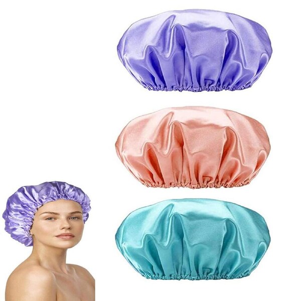 3Pack Reusable Bathing Shower Caps Double Waterproof Layers Bathing Shower Hat for Women