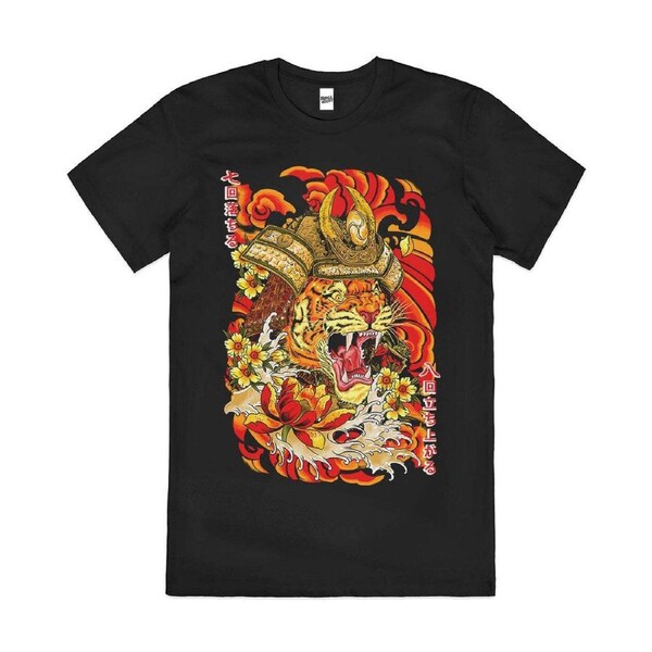 Shogun Japanese Tiger Animal Cotton Graphic T-Shirt Unisex Tee Black XL