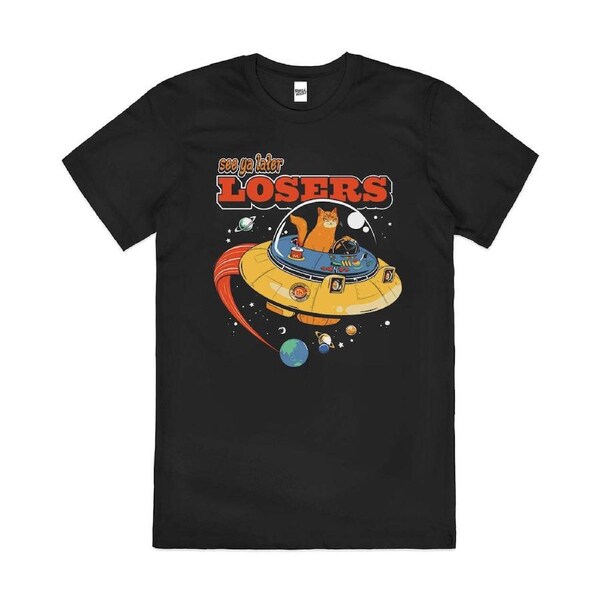 See Ya Later Losers Cat Space Aliens Cotton T-Shirt Unisex Tee Black M