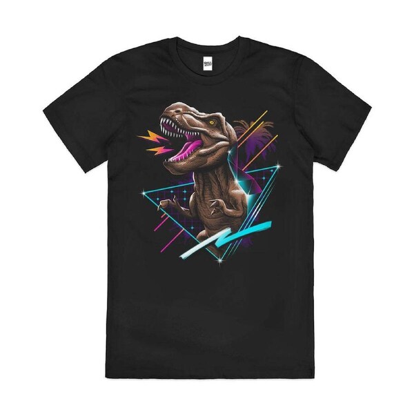 Rad T-Rex Dinosaur 80s Synthwave Artsy Cotton T-Shirt Unisex Tee Black 4XL
