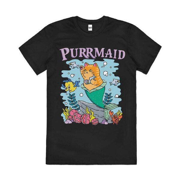 Purrmaid Funny Mermaid Cute Cat Ocean Cotton T-Shirt Unisex Tee Black 2XL
