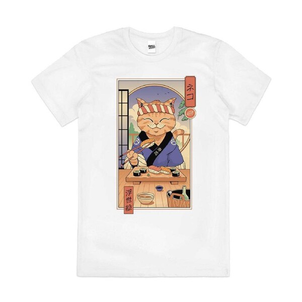 Sushi Cat in Edo Japanese Kitten Cute Cotton T-Shirt Unisex Tee White XL