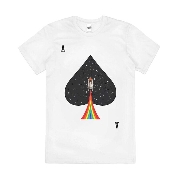 Space Shuttle Ace Card Rainbow Artsy Ship Cotton T-Shirt Unisex Tee White L