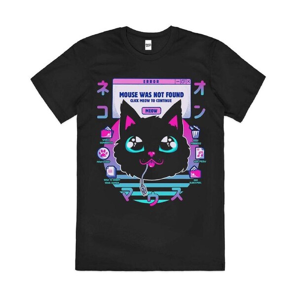 Vapour Wave Cat Mouse Not Found Slogan Cotton T-Shirt Unisex Tee Black XL