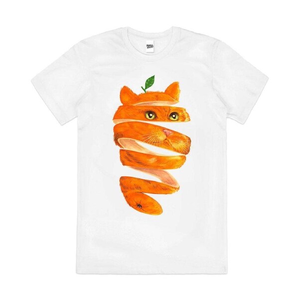 Orange Cat Animal Fruit Cotton Artsy Graphic T-Shirt Unisex Tee White 3XL