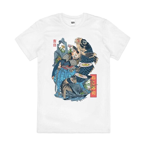 Neko Fish Sushi Japanese Cat Animal Artsy Cotton T-Shirt Unisex Tee White L