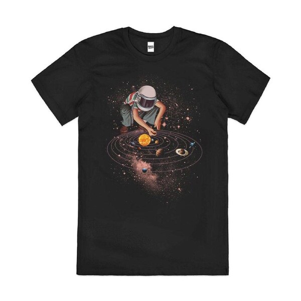 Marble Planets Astronaut Solar System Cotton T-Shirt Unisex Tee Black M