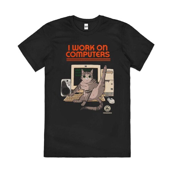 I Work on Computers Funny Cat Art Animal Cotton T-Shirt Unisex Tee Black L