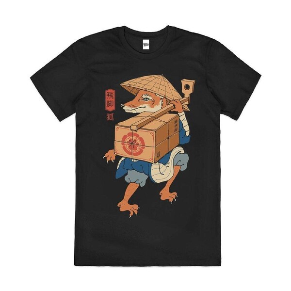 Hikyaku Fox Japanese Aesthetic Manga Art Cotton T-Shirt Unisex Tee Black 4XL