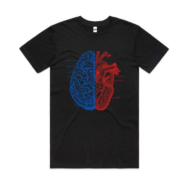 Heart And Brain Smart Love Artistic Cool Cotton T-Shirt Unisex Tee Black XL