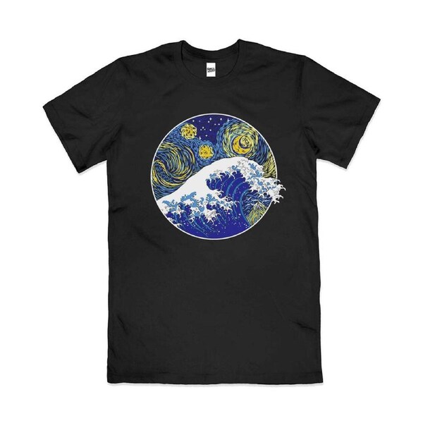 Great Starry Wave Classic Kanagawa Japan Cotton T-Shirt Unisex Tee Black 2XL