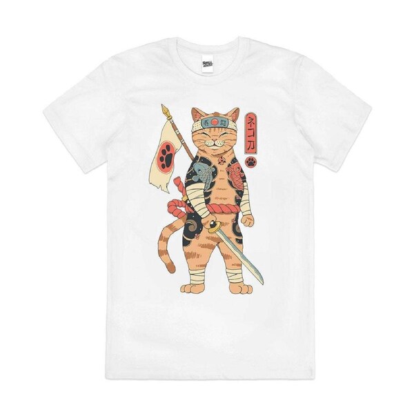 Neko Shogun Japanese Samurai Cat Artsy Cotton T-Shirt Unisex Tee White 3XL