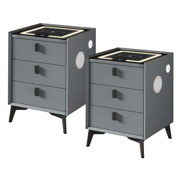 Oikiture Set of 2 Smart Bedside Tables Wireless Charging LED Lights 3 Drawers