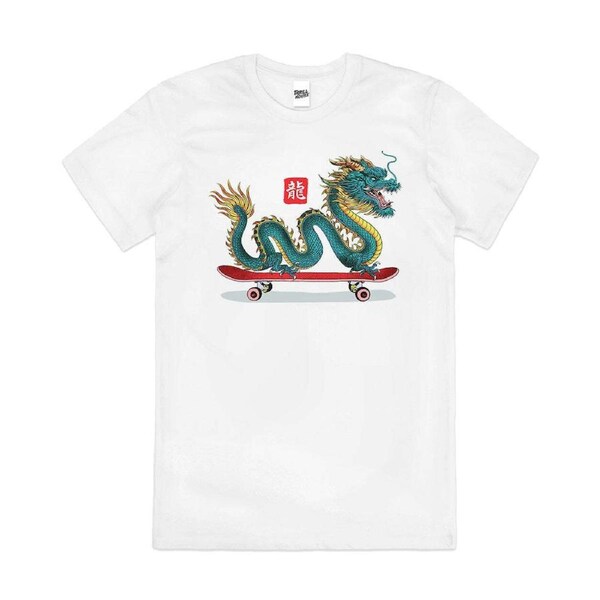 Long Board Dragon Skateboard Japanese Cotton T-Shirt Unisex Tee White L