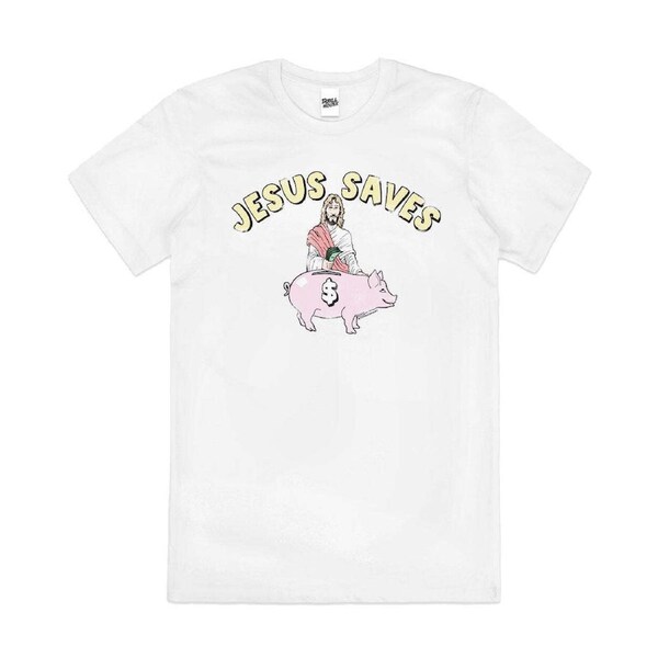 Jesus Saves Money Funny Religion Parody Cotton T-Shirt Unisex Tee White L