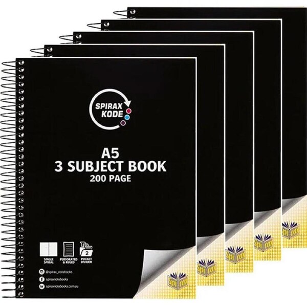 Spirax Kode 3-Subject Section Notebook Book A5 Black 5 Pack Bulk