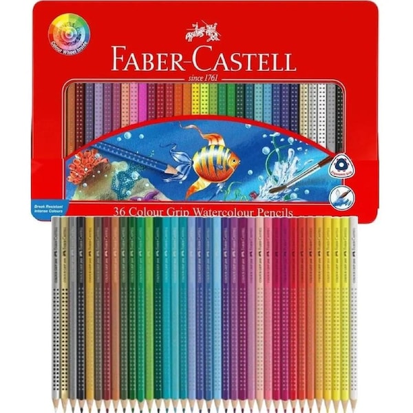 Faber-Castell 36 Watercolour Pencils Colour Grip Wheel Water Tin Set