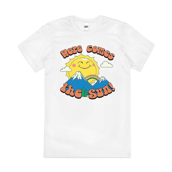 Here Comes the Sun Cute Summer Slogan Cotton T-Shirt Unisex Tee White 4XL