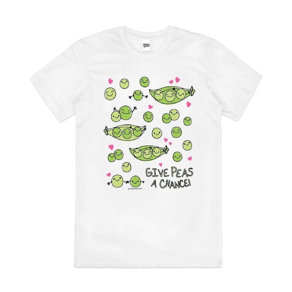 Give Peas a Chance Funny Pun Cartoon Cotton T-Shirt Unisex Tee White M