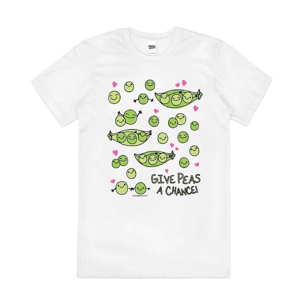 Give Peas a Chance Funny Pun Cartoon Cotton T-Shirt Unisex Tee White 4XL