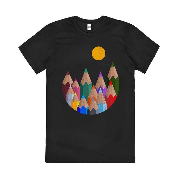 12 Colour Mountains Pencils Artsy Cool Cotton T-Shirt Unisex Tee Black L