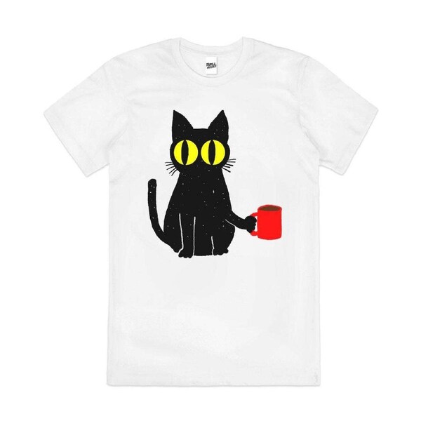 Catfeine Cat Coffee Cute Kitten Funny Cotton T-Shirt Unisex Tee White 3XL