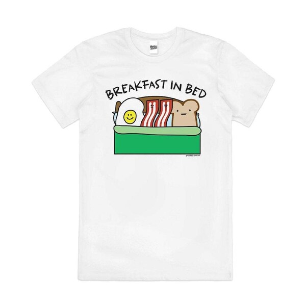 Breakfast in Bed Bacon Eggs Funny Pun Cotton T-Shirt Unisex Tee White XL