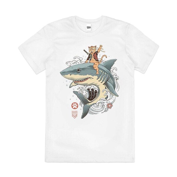 Catana Shark Japanese Cat Surfing Artsy Cotton T-Shirt Unisex Tee White 3XL