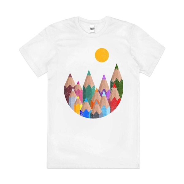 12 Colours Mountains Pencils Cute Artsy Cotton T-Shirt Unisex Tee White L