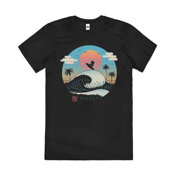 Wavy Summer Vibes Beach Retro Artsy Cotton T-Shirt Unisex Tee Black 3XL