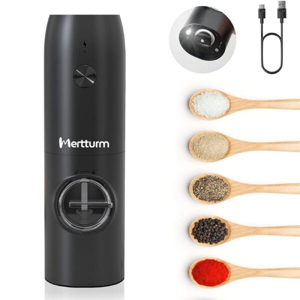 MERTTURM Rechargeable Electric Pepper Grinder, Automatic Pepper Salt Mill with LED White Light, One Hand Operation, Coarseness Adjustable, Refillable and Portable for Kitchen, Restaurant, Camping BBQ