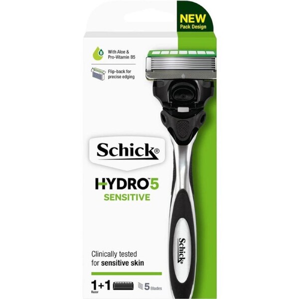 Schick - Hydro 5 Sensitive Razor Kit for Men, 1 Handle with 1 Refill, Hydrating Gel Pools, Protection from Irritation, Blade Cartridge with Skin Guards