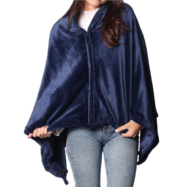 Sash and Bloom Heated Shawl Navy - Fast-Heat Technology Up To 55 Degrees - 2-in-1 Soft and Stylish Heated Blanket That Zips Into A Shawl