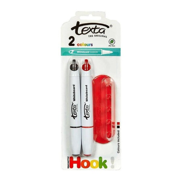 2pc Texta Non-Toxic 1mm Whiteboard Markers Black and Red w/ Magnetic Hook