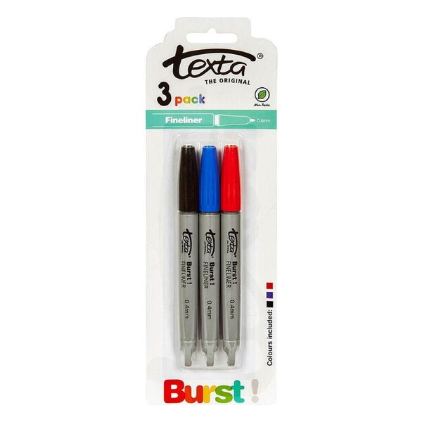 3pc Texta Non-Toxic Fineliner Round Ergonomic 0.4mm Pens Black/Blue/Red