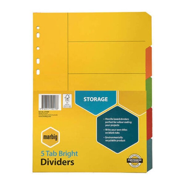 Marbig Indices & Dividers 5 Tab Manilla A4 Brights