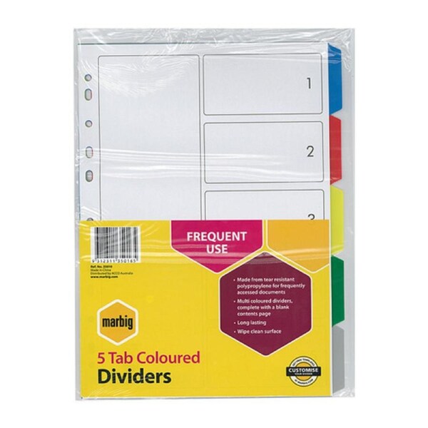 Marbig Indices & Dividers 5 Tab Pp A4 Multi Colour