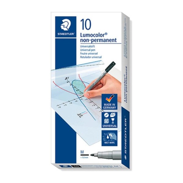 Staedtler Lumocolour 1mm Medium Non-Permanent Pen - Box of 10 - Black