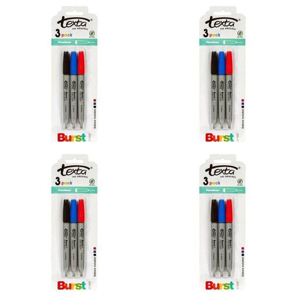 12pc Texta Non-Toxic Fineliner Round Ergonomic 0.4mm Pens Black/Blue/Red