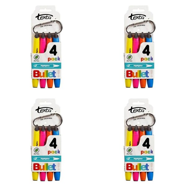 16pc Texta Non-Toxic Bullet Highlighters Yellow/Pink/Orange/Blue on Carabiner